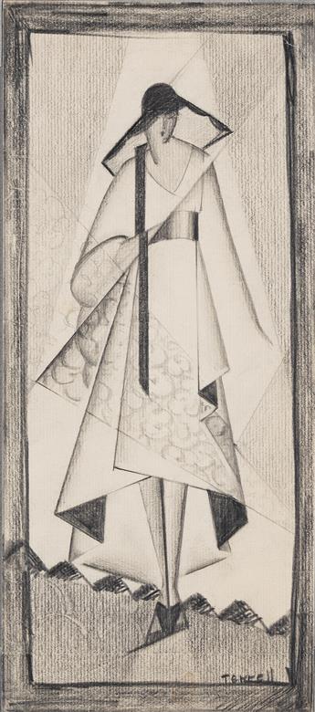 THELMA TERRELL (1910-1993) Fashion drawing of a woman in layered coat.